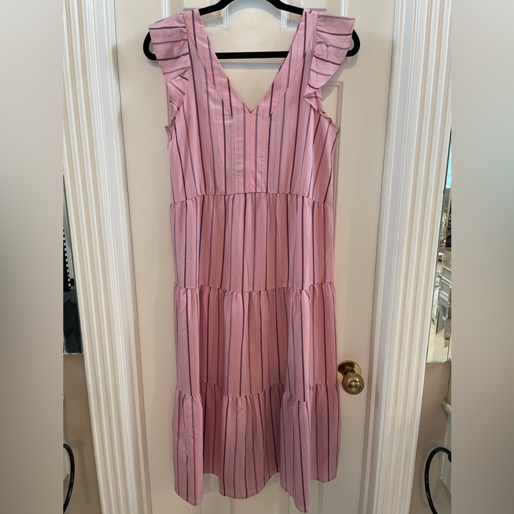 Pink Striped Tiered V-Neck Sundress
